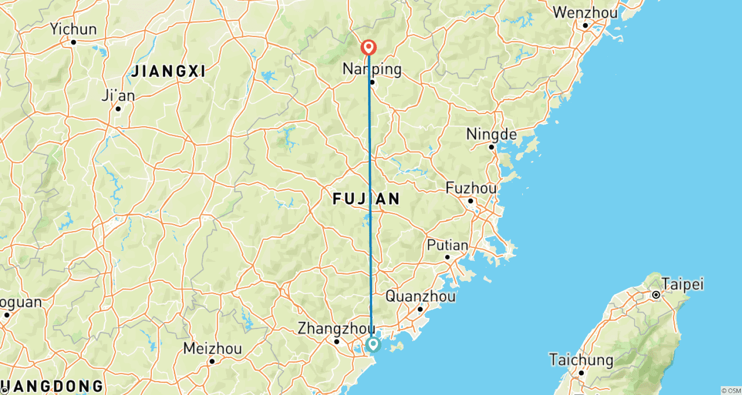 福建探訪7日間:厦門、土楼、武夷山のルートマップ
