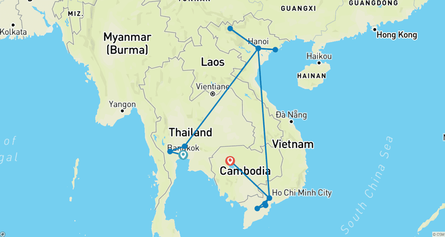 Mapa trasy: Indochiny w 15 dni: Tajlandia-Wietnam-Kambodża