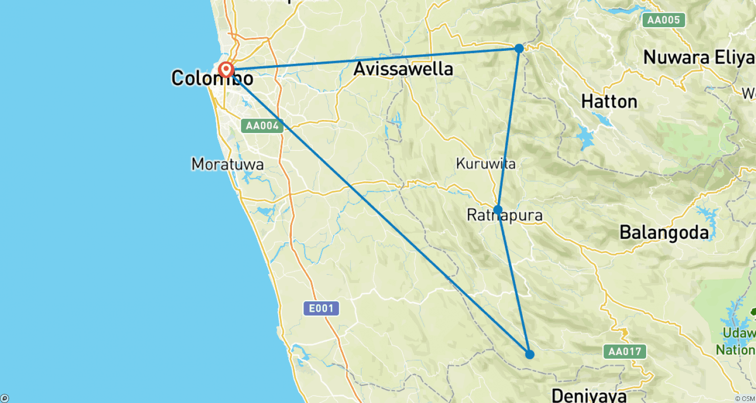 Mapa do percurso de O Verde Vibrante do Sri Lanka, Tour Privado