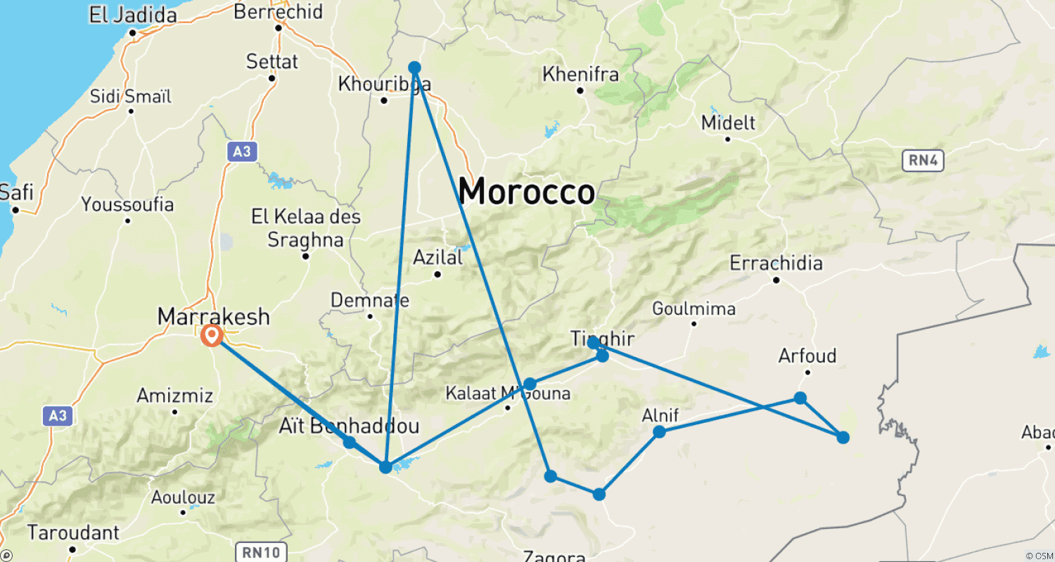 Mapa trasy: Pustynna wycieczka 3 dni 2 noce z Marrakeszu