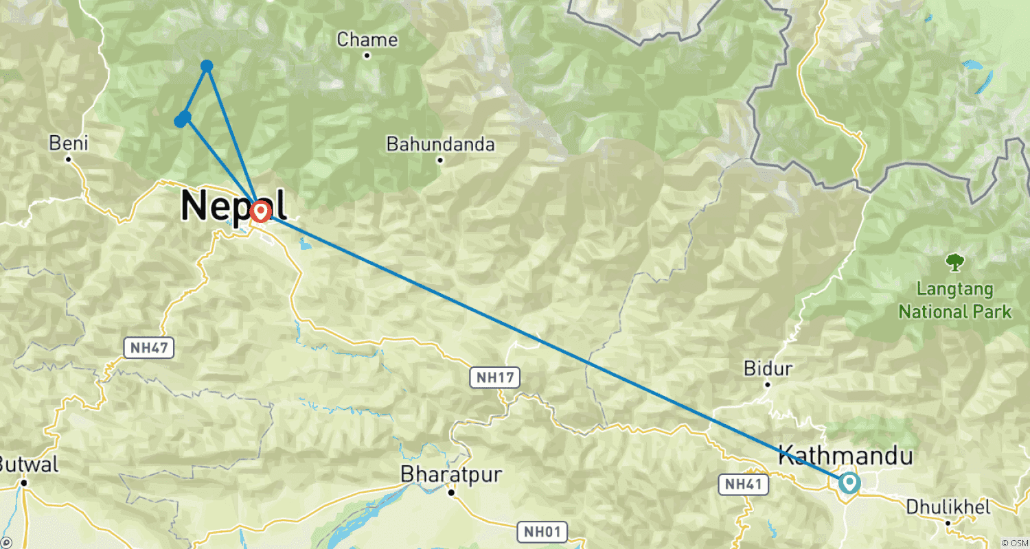 Mapa do percurso de Caminhada ao Acampamento Base de Annapurna - 8 Dias