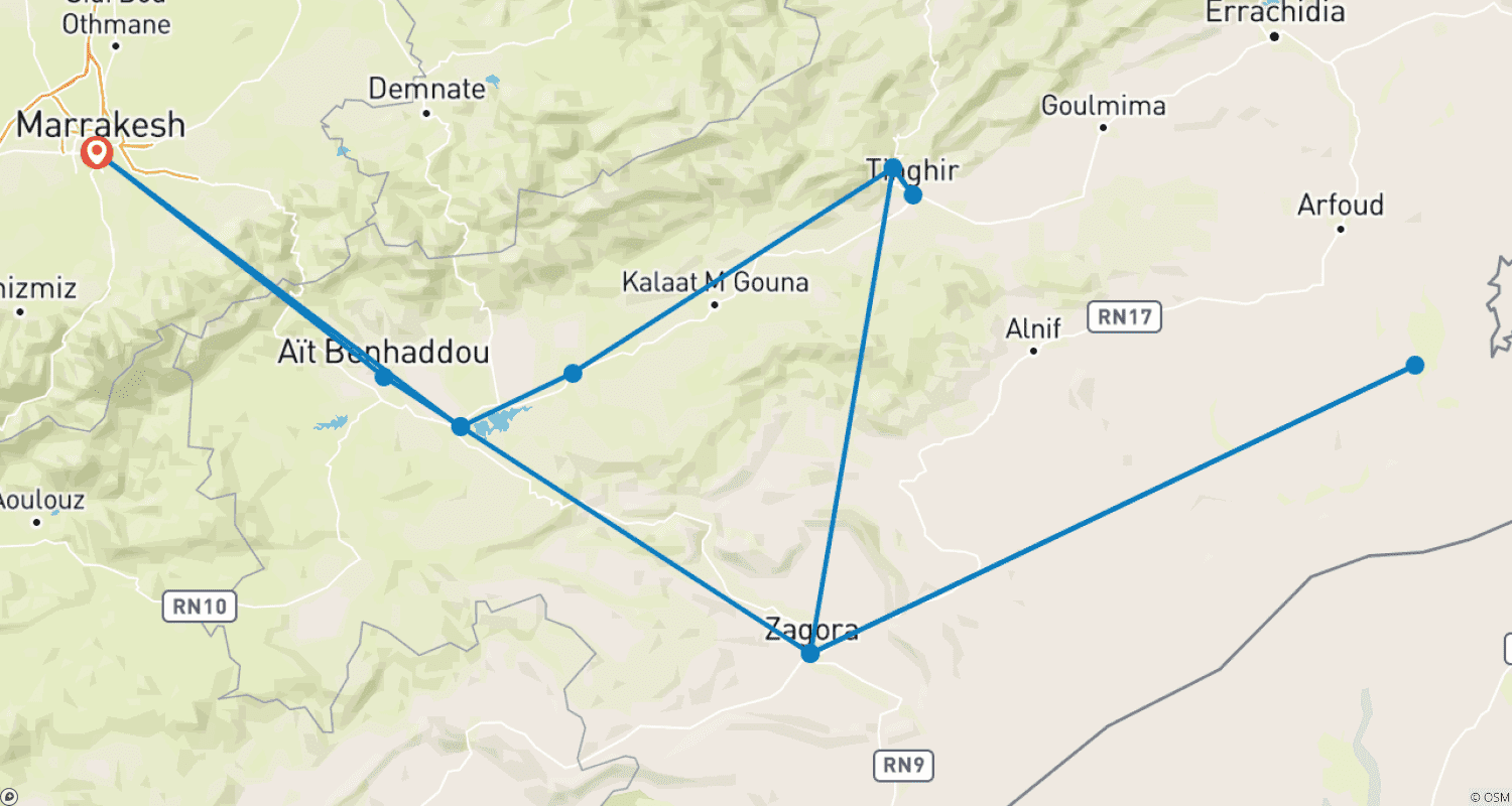 Mapa do percurso de Grande Tour pelo Sul de Marrocos