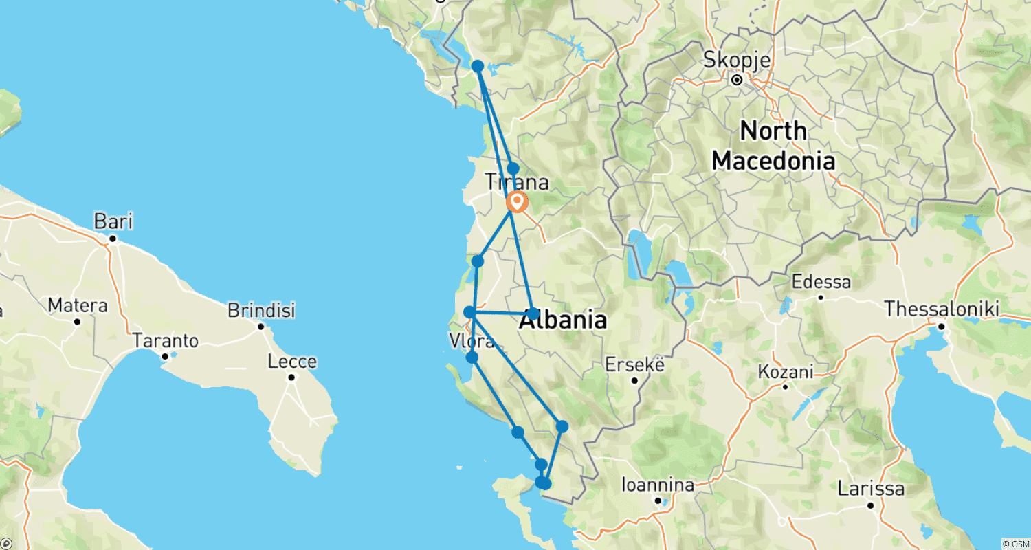 Route map for Albanian Highlights Private Tour | From South to North