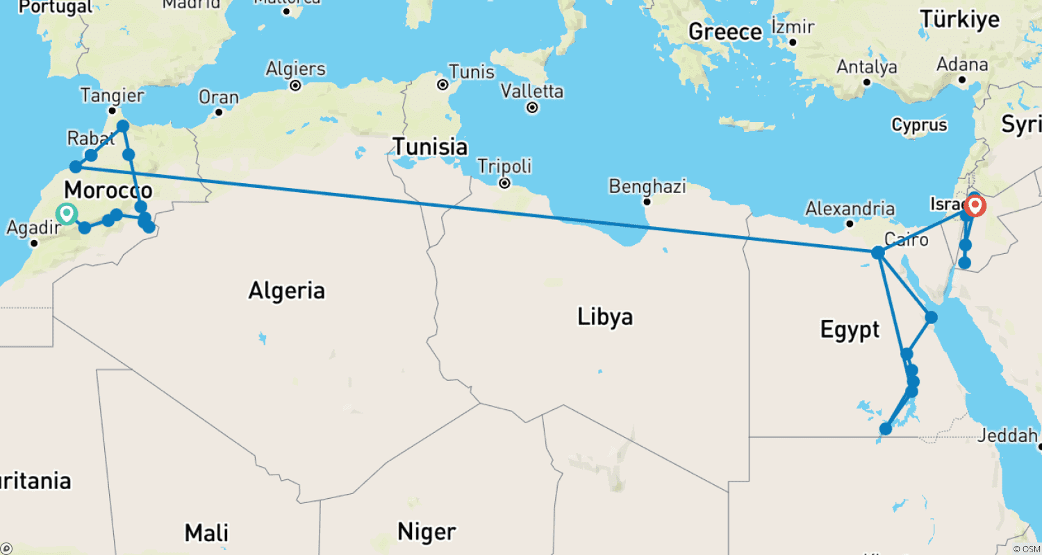 Mapa trasy: 21-dniowa wycieczka po Maroku, Egipcie i Jordanii