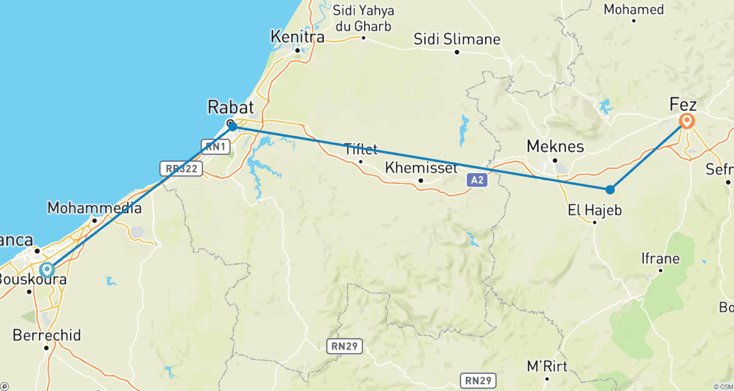 Mapa do percurso de Excursão Cidades Imperiais a partir de Casablanca
