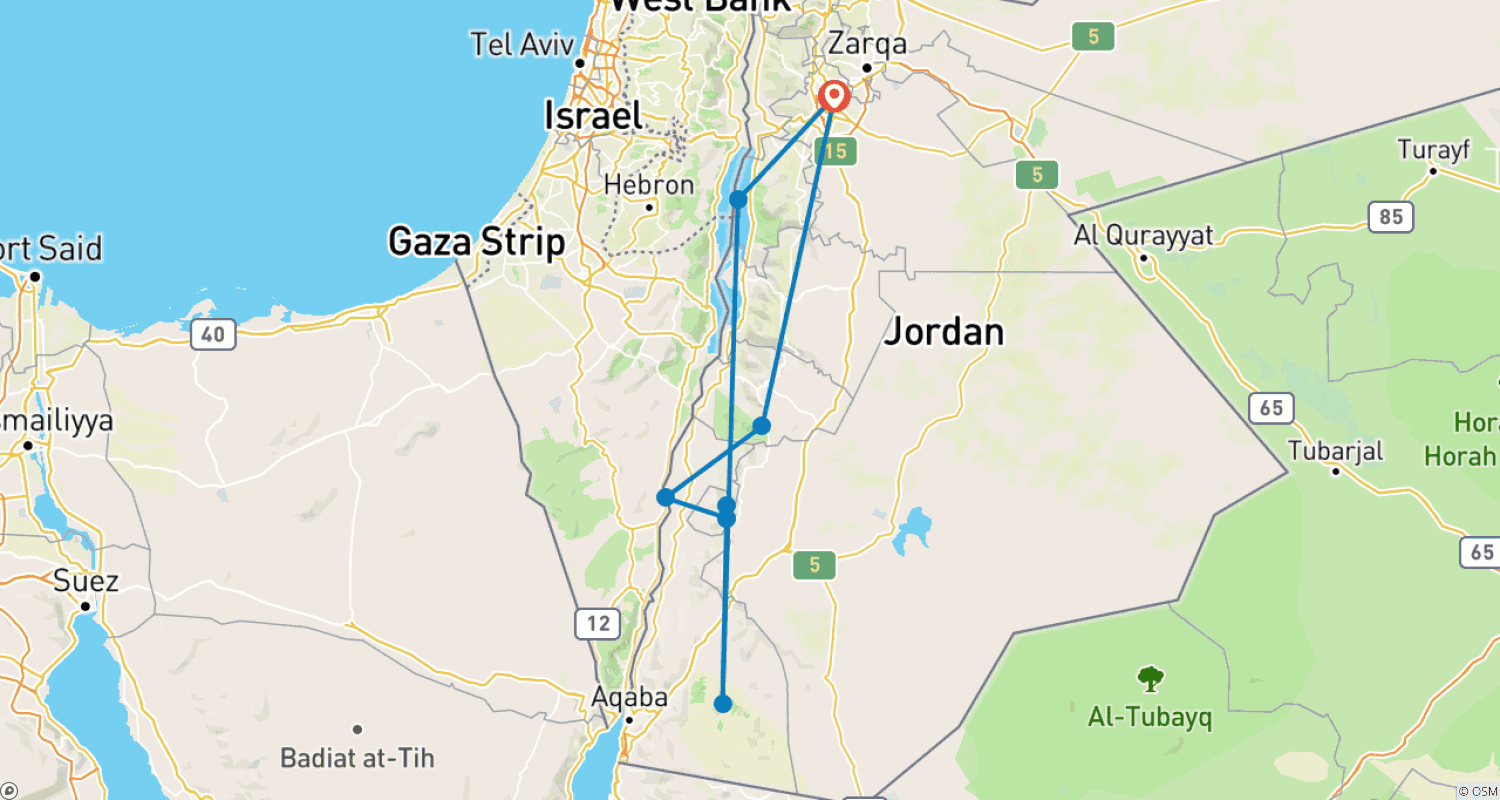 Mapa do percurso de Caminhada de Dana a Petra + Wadi Rum e o Mar Morto