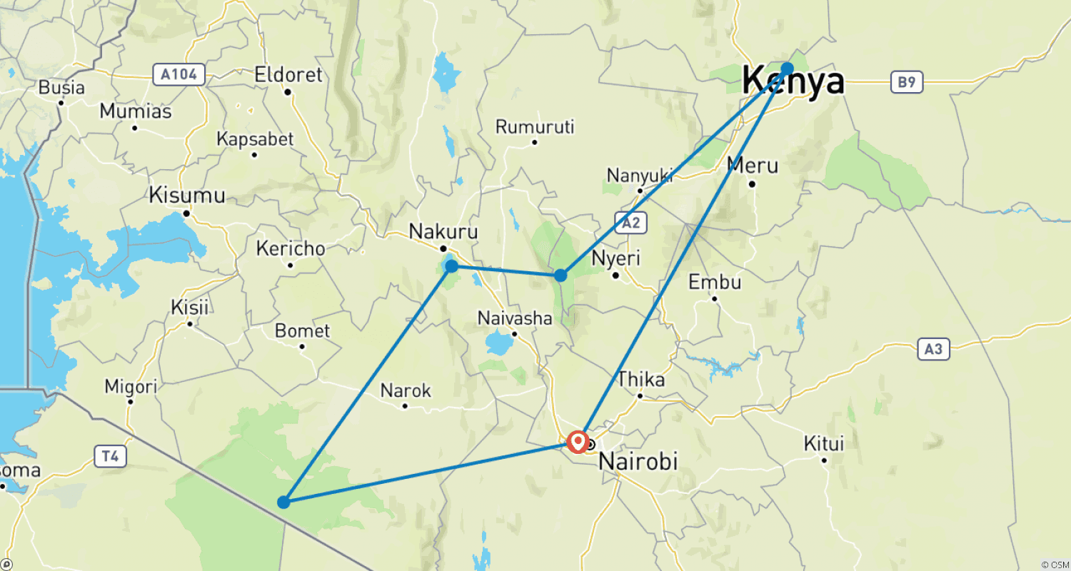 خريطة مسار تجربة الحياة البرية في كينيا إلى سامبورو، أبِرديرز، بحيرة ناكورو، ماساي مارا