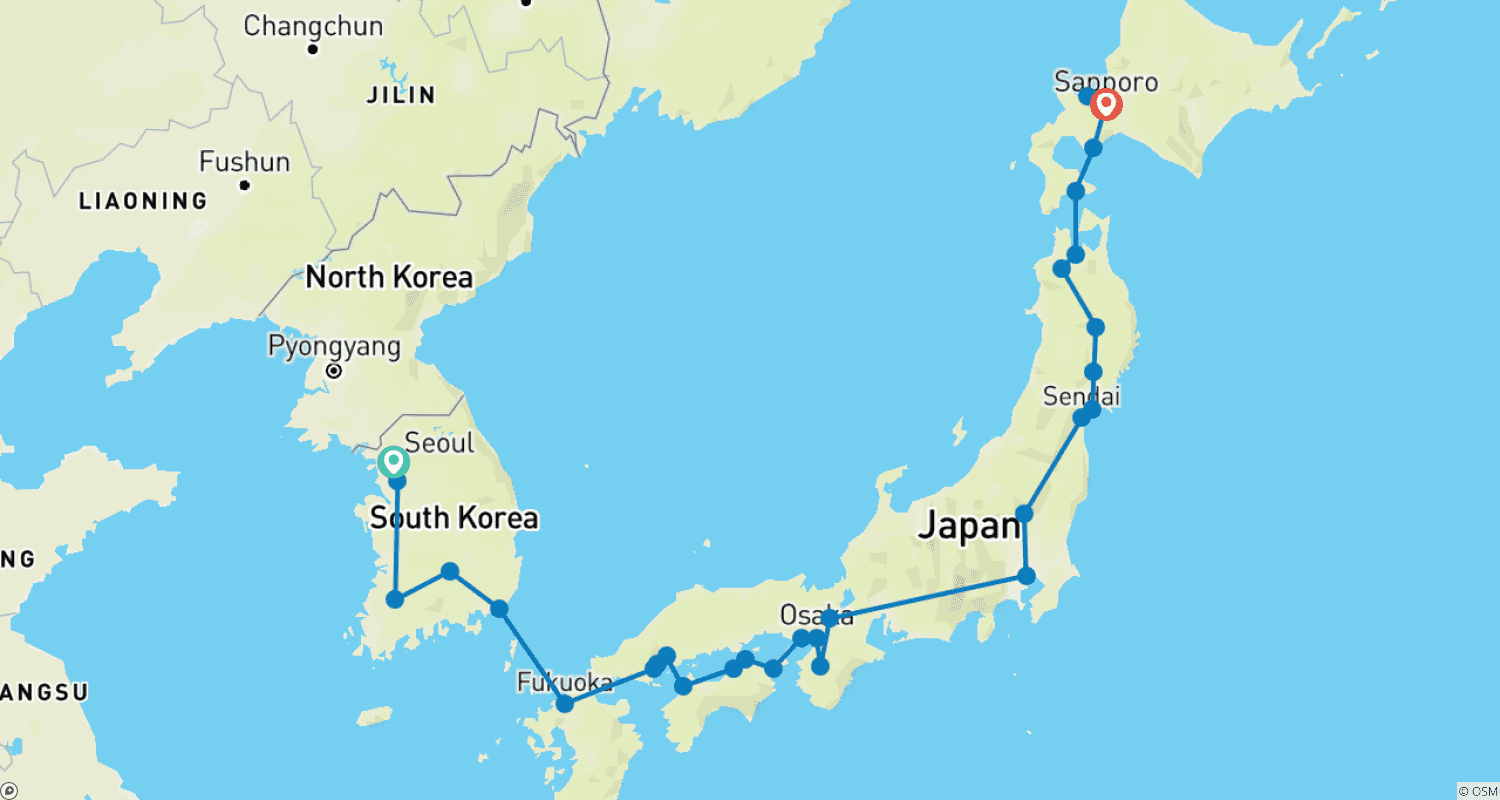 Mapa do percurso de Coreia e Japão Clássicos