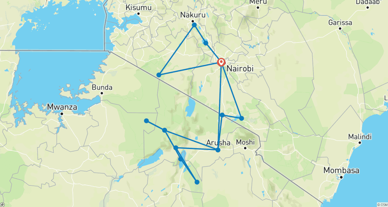 Mapa do percurso de Explorador da África Oriental, Zebra Plains e Serena Lodges - Tour Privado (Multi-países)