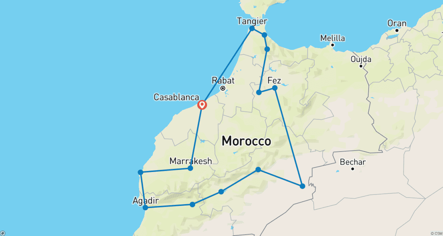 Mapa do percurso de Grande Viagem de 20 Noites por Marrocos
