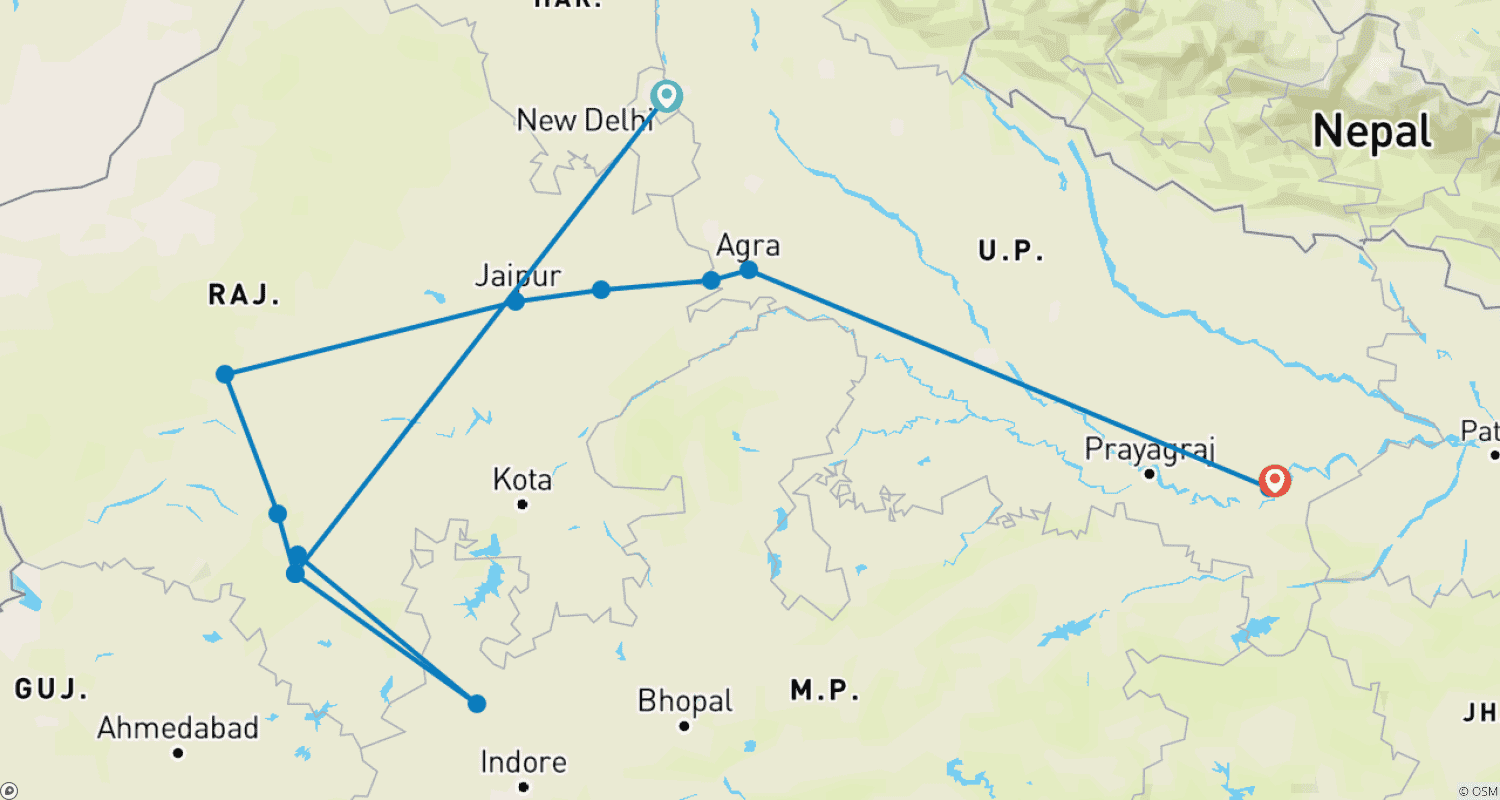 Mapa do percurso de Marajás e Sadhus - Rajastão com Varanasi