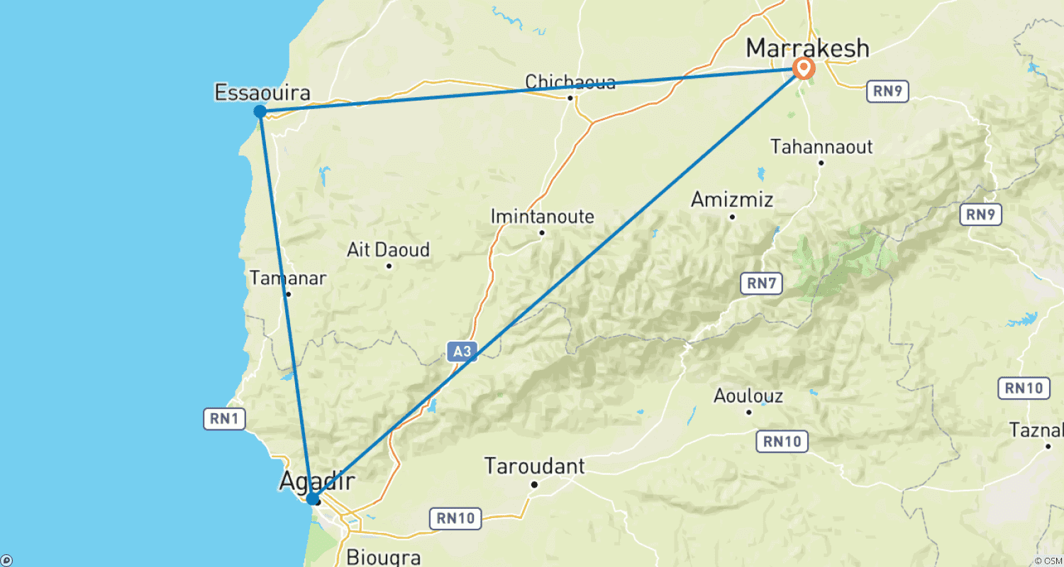 Mapa trasy: Wycieczka po Złotym Trójkącie Maroka – W tym Astapor: (Gra o Tron)