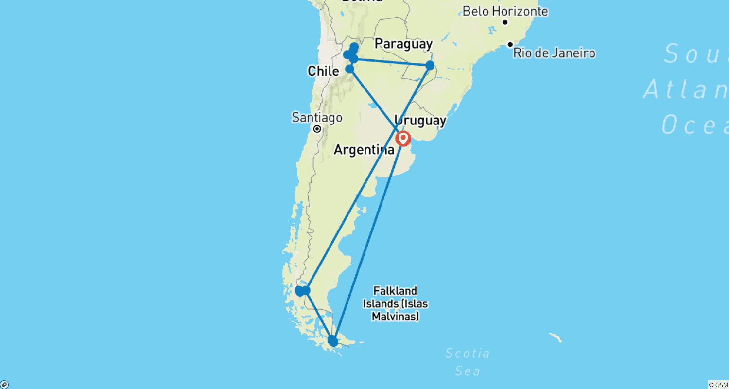 Mapa trasy: 16-dniowa wycieczka po kontrastach Argentyny