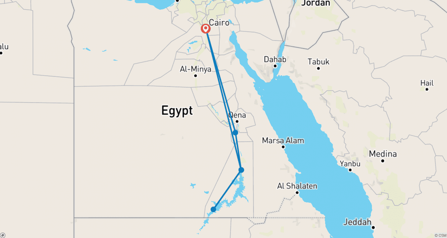 Mapa do percurso de Nefertari (6 dias) 2 noites Cairo + 3 noites de cruzeiro (privado).