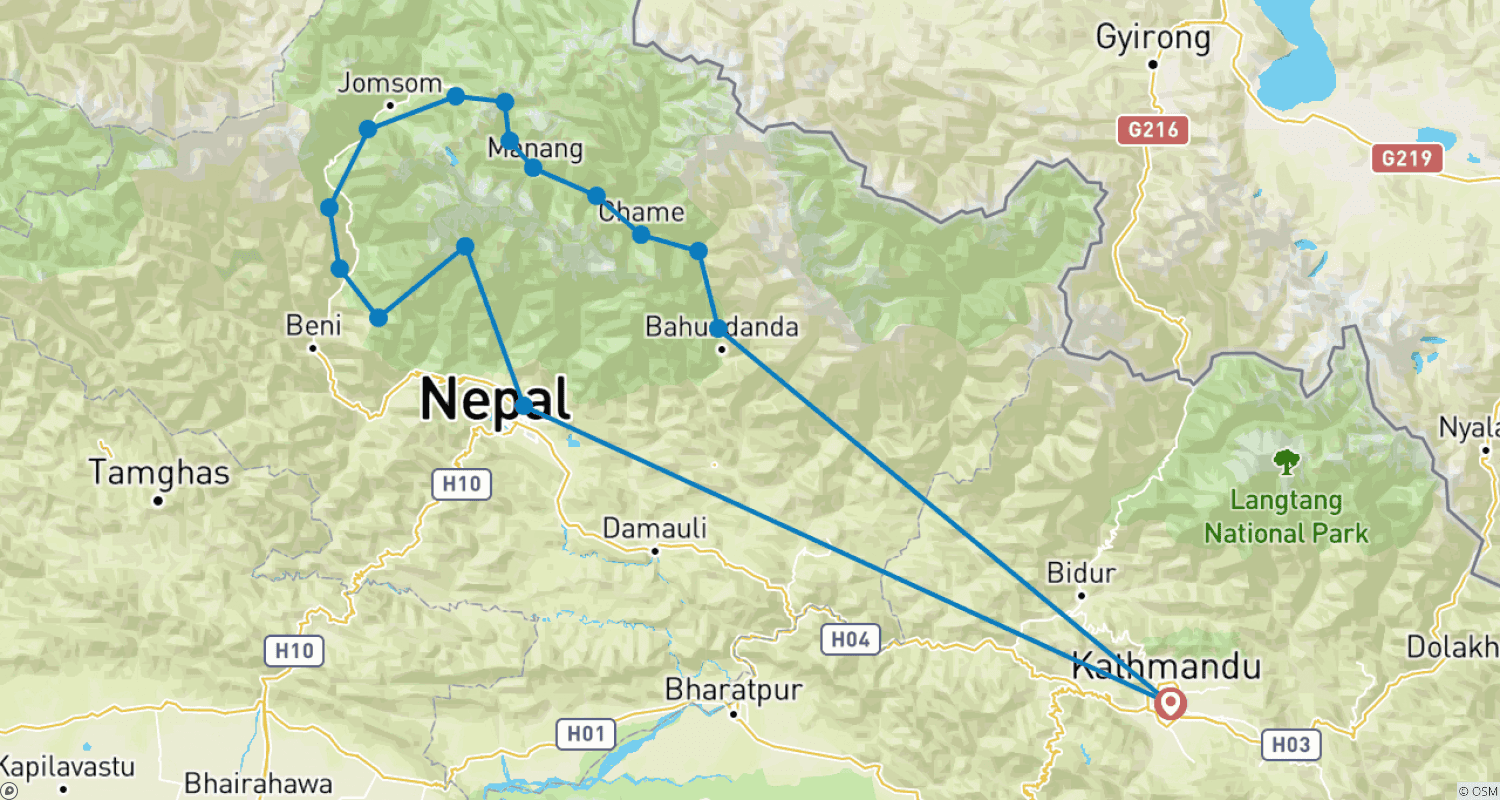 Mapa do percurso de Trekking do Circuito Annapurna