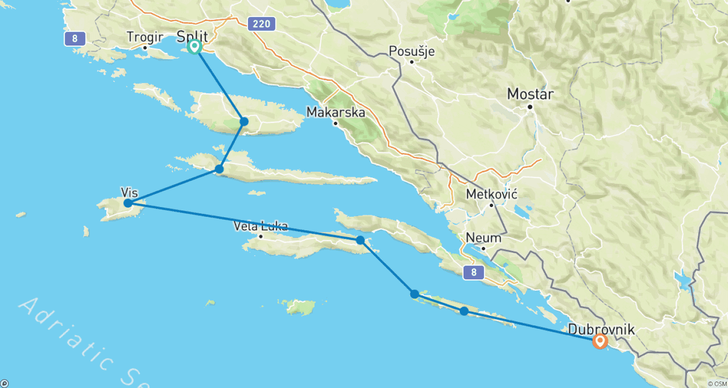 Mapa do percurso de Vela de Yoga na Croácia (de Split a Dubrovnik)