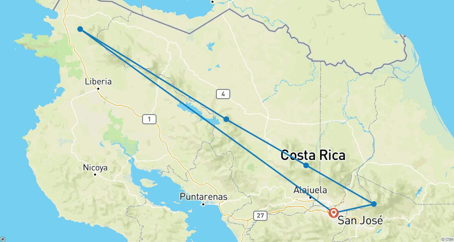 Mapa do percurso de 3 Vulcões e Praia de Guanacaste Tudo Incluído 9 dias