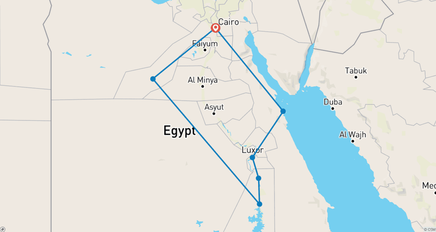 خريطة مسار جولة بانورامية في مصر - القاهرة، الصحراء البيضاء، رحلة نيلية والبحر الأحمر