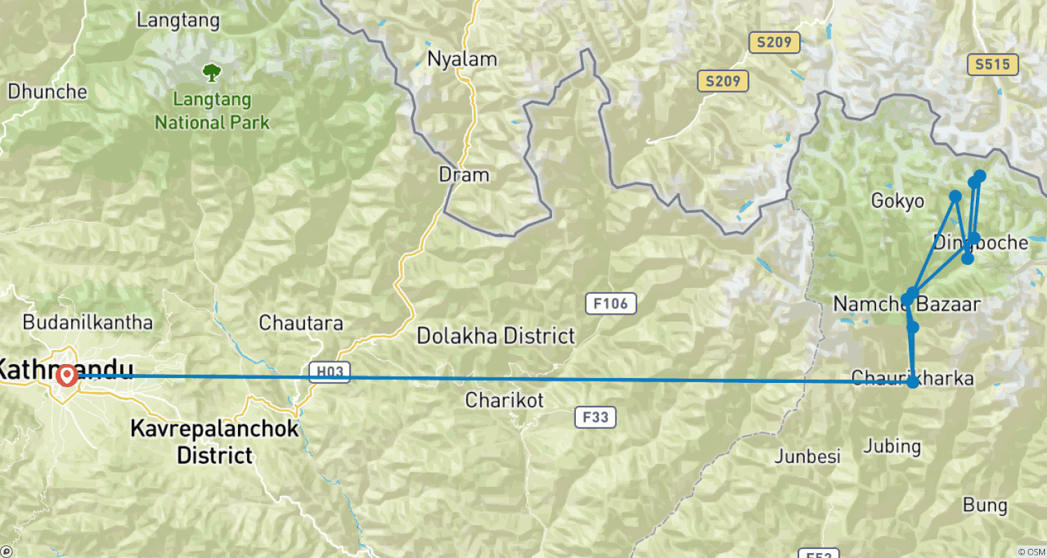 Mapa do percurso de Caminhada ao Acampamento Base do Everest - 14 dias