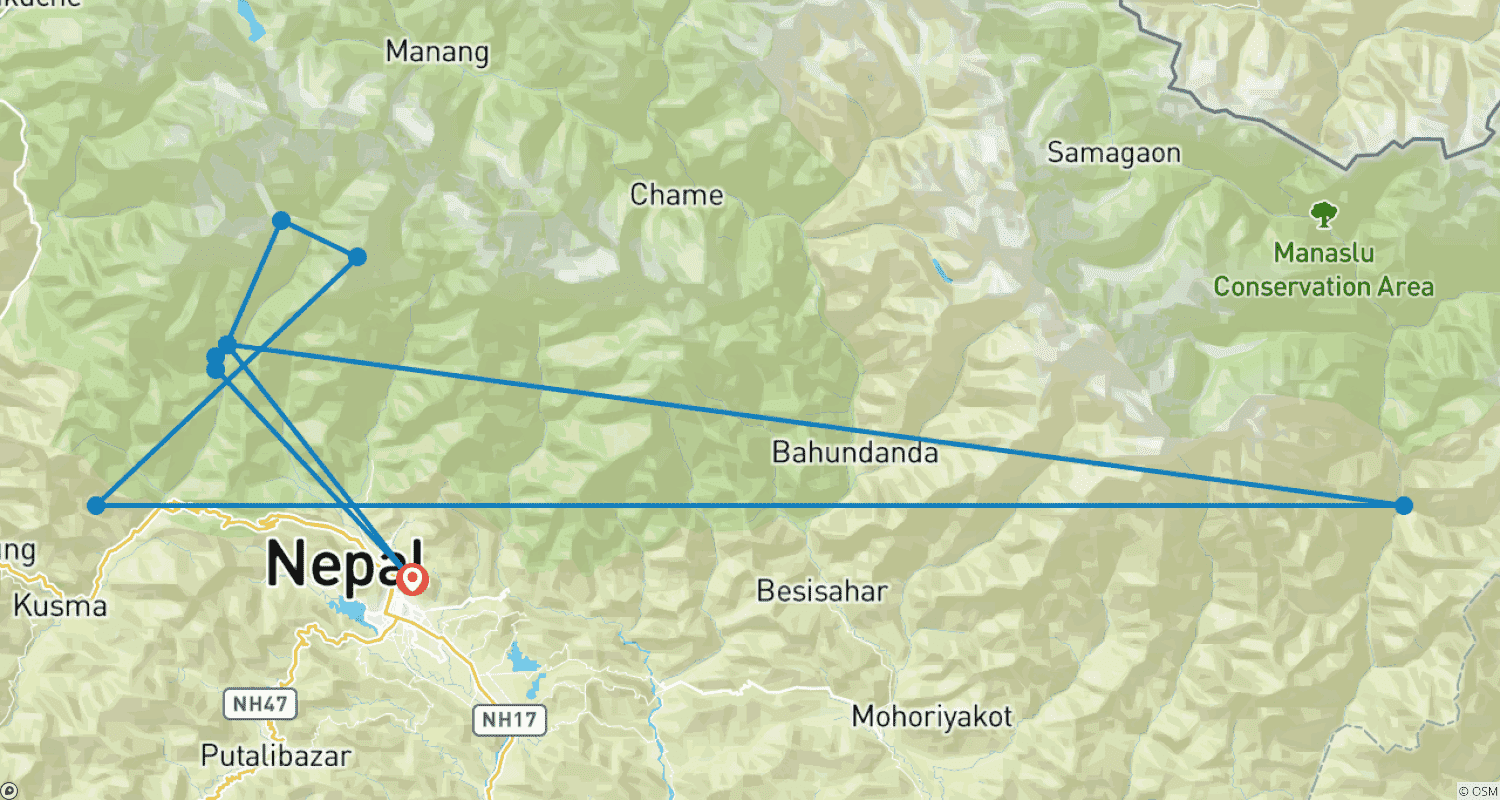 Mapa do percurso de Caminhada de 5 Dias ao Acampamento Base Annapurna | Caminhada Curta ABC 2023-2024