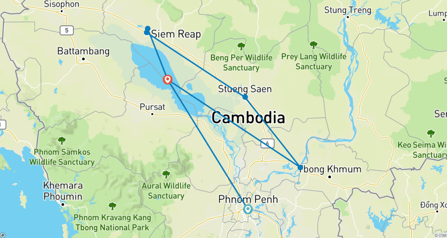 Mapa do percurso de Excursão Turística pelo Camboja de Phnom Penh via Kompong Thom a Siem Reap, Angkor Wat