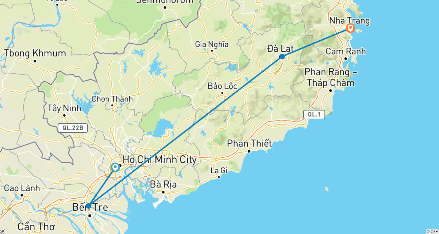 Mapa do percurso de Férias Divertidas na Praia no Vietnã em 9 Dias