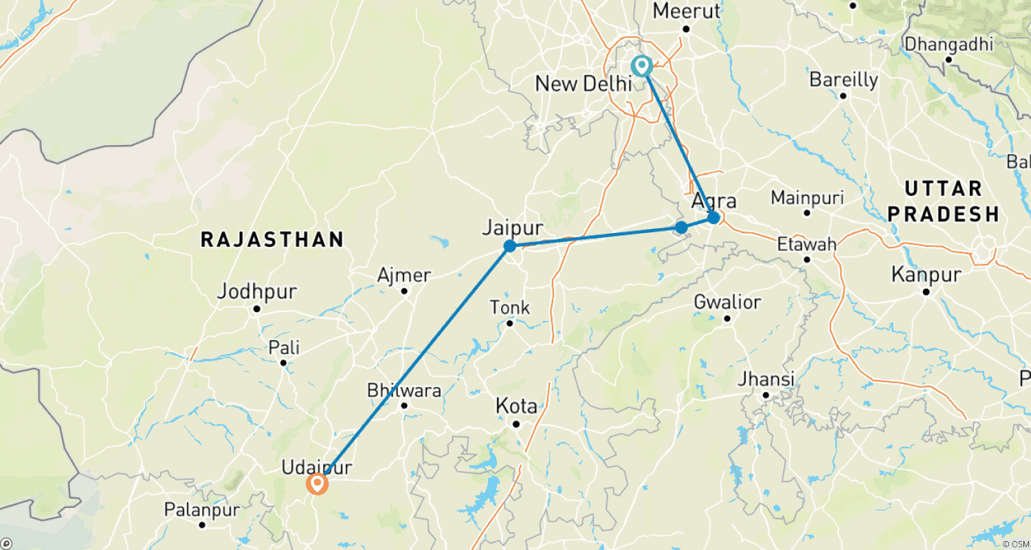 Mapa trasy: 6-dniowa wycieczka po Złotym Trójkącie z Udaipurem - Wycieczka Delhi Agra Jaipur Udaipur