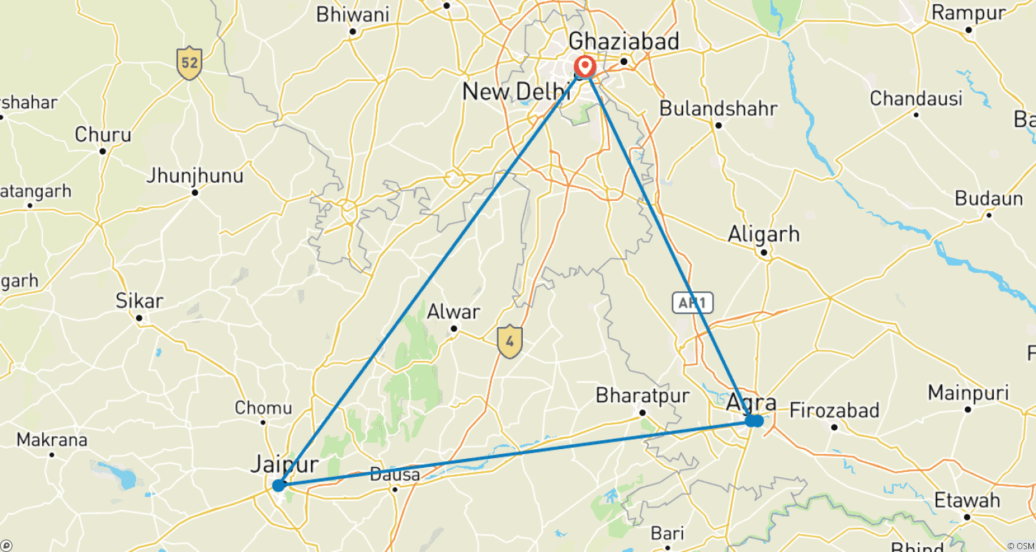 Mapa trasy: 4-dniowa mini wycieczka po Złotym Trójkącie w Indiach z New Delhi
