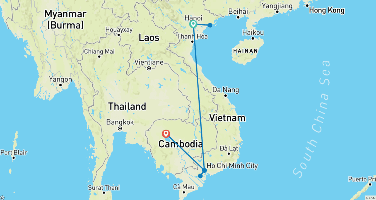 Mapa do percurso de Um Sabor do Vietnã e Camboja em 9 Dias
