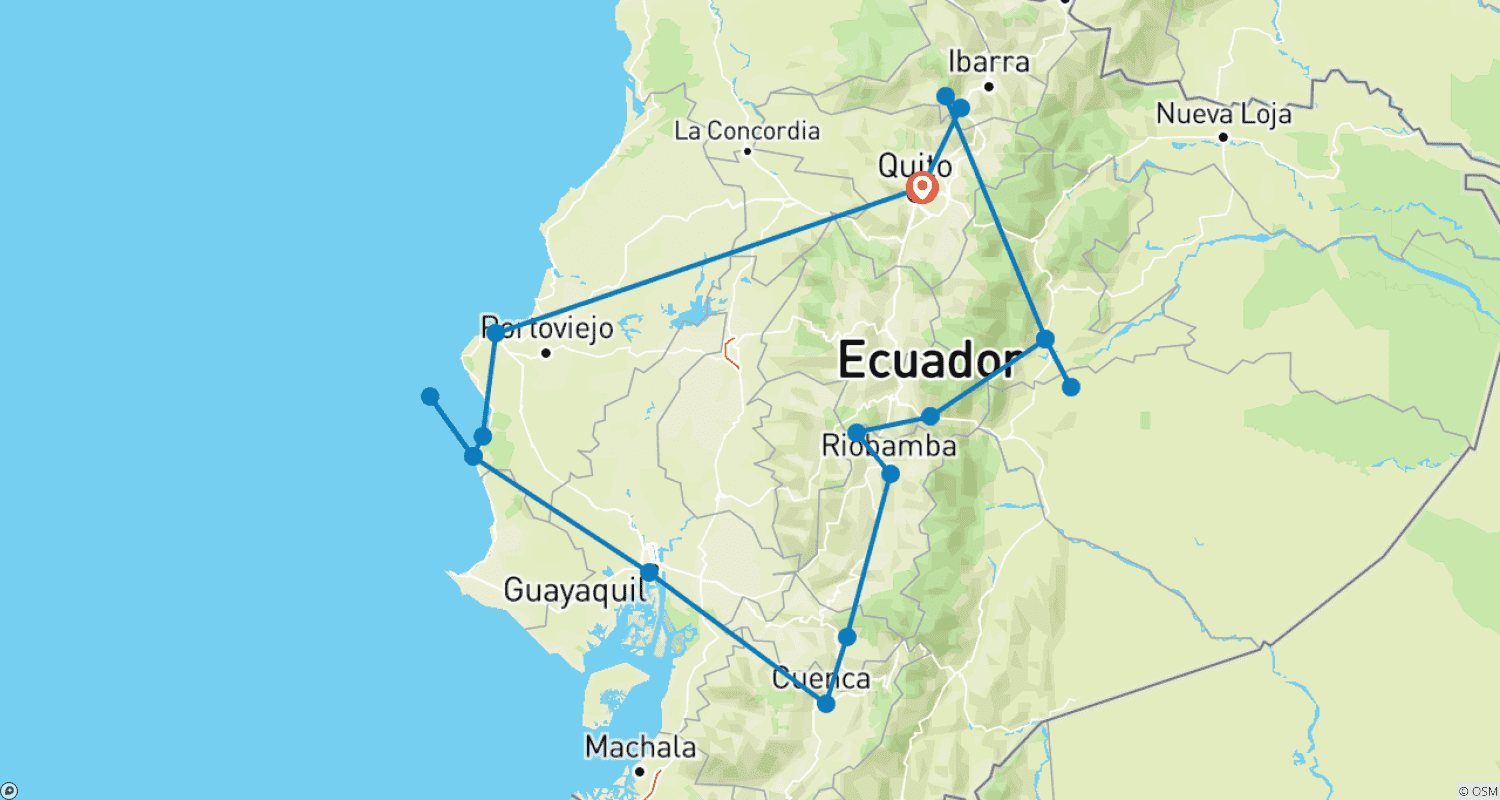 Mapa do percurso de Descubra o Equador: Terras Altas, Selva Amazônica e Tesouros Costeiros em 17 Dias