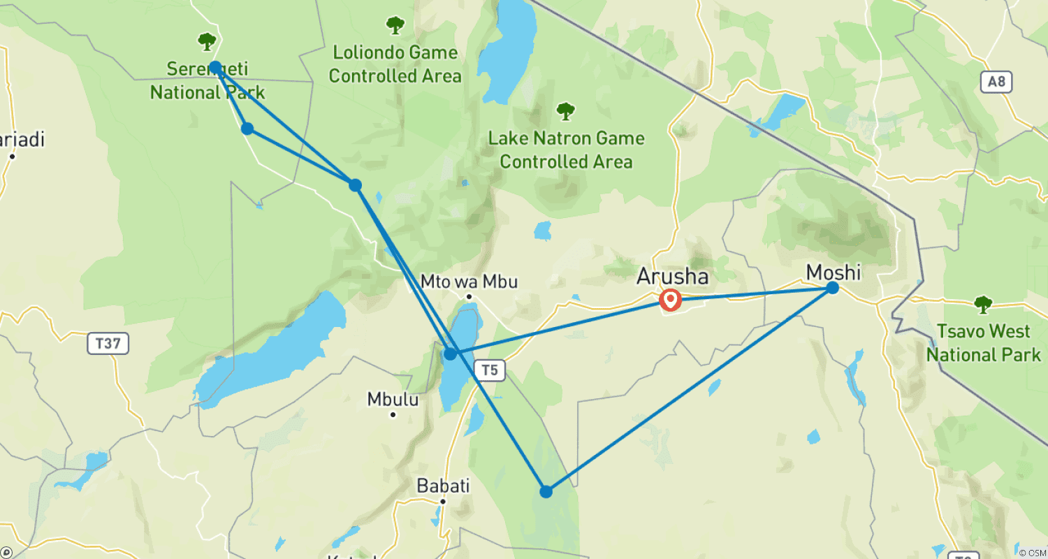 Mapa do percurso de Safari de 5 Dias: Experiência da Vida Selvagem na Tanzânia