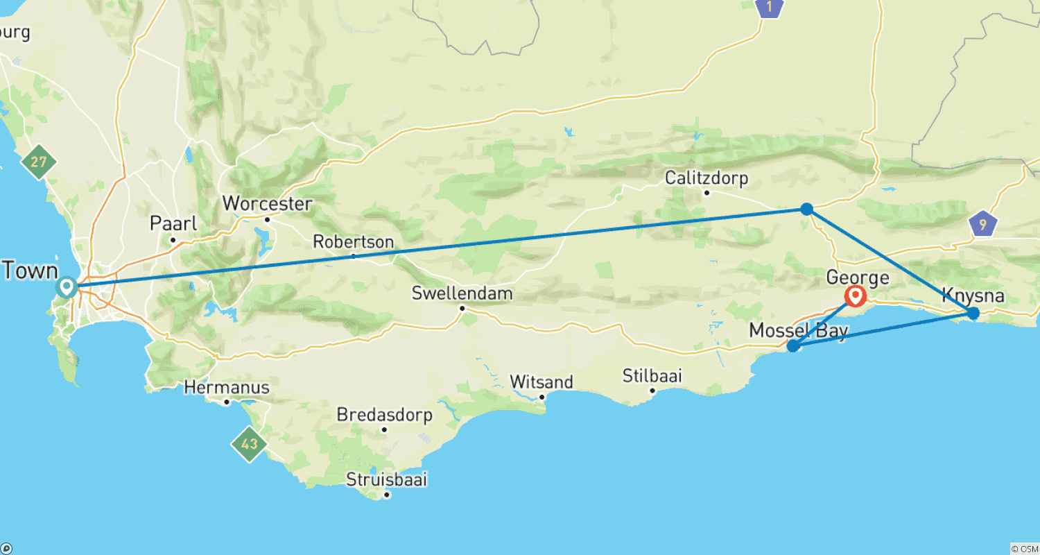 خريطة مسار Cape Town to Garden Route Adventure: Chauffeur Drive Tour - 5 Days
