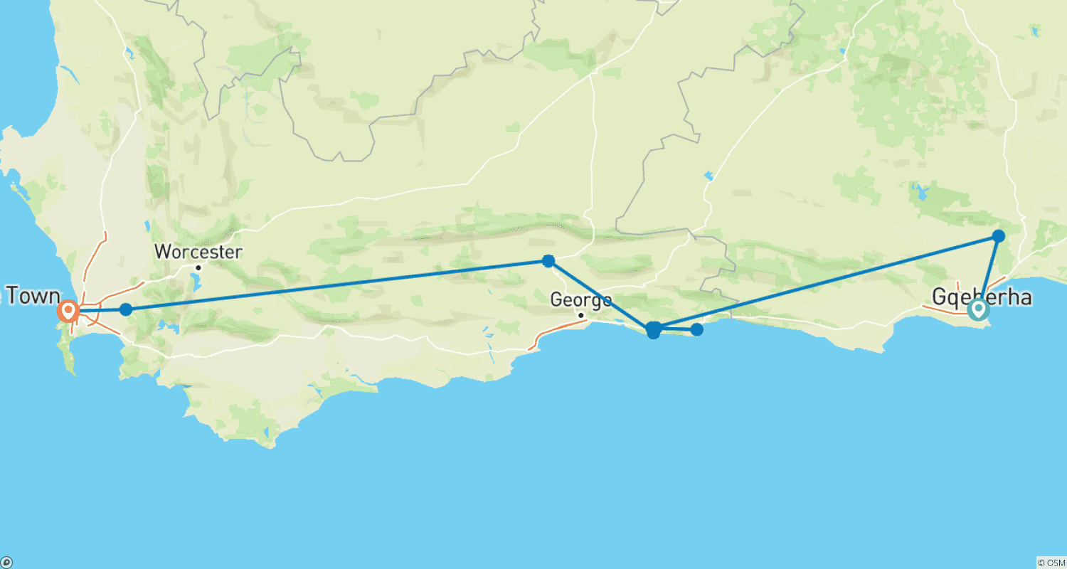 خريطة مسار جولة سائق خاص: Addo - Garden Route - Cape Town (6 أيام)