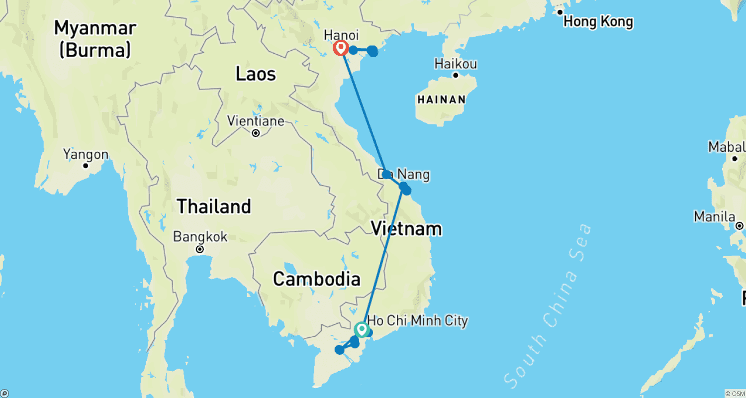 Mapa trasy: Wietnamska Wycieczka Odkrywcza z Sajgonu do Hanoi przez Hue, Hoi An, Zatokę Ha Long