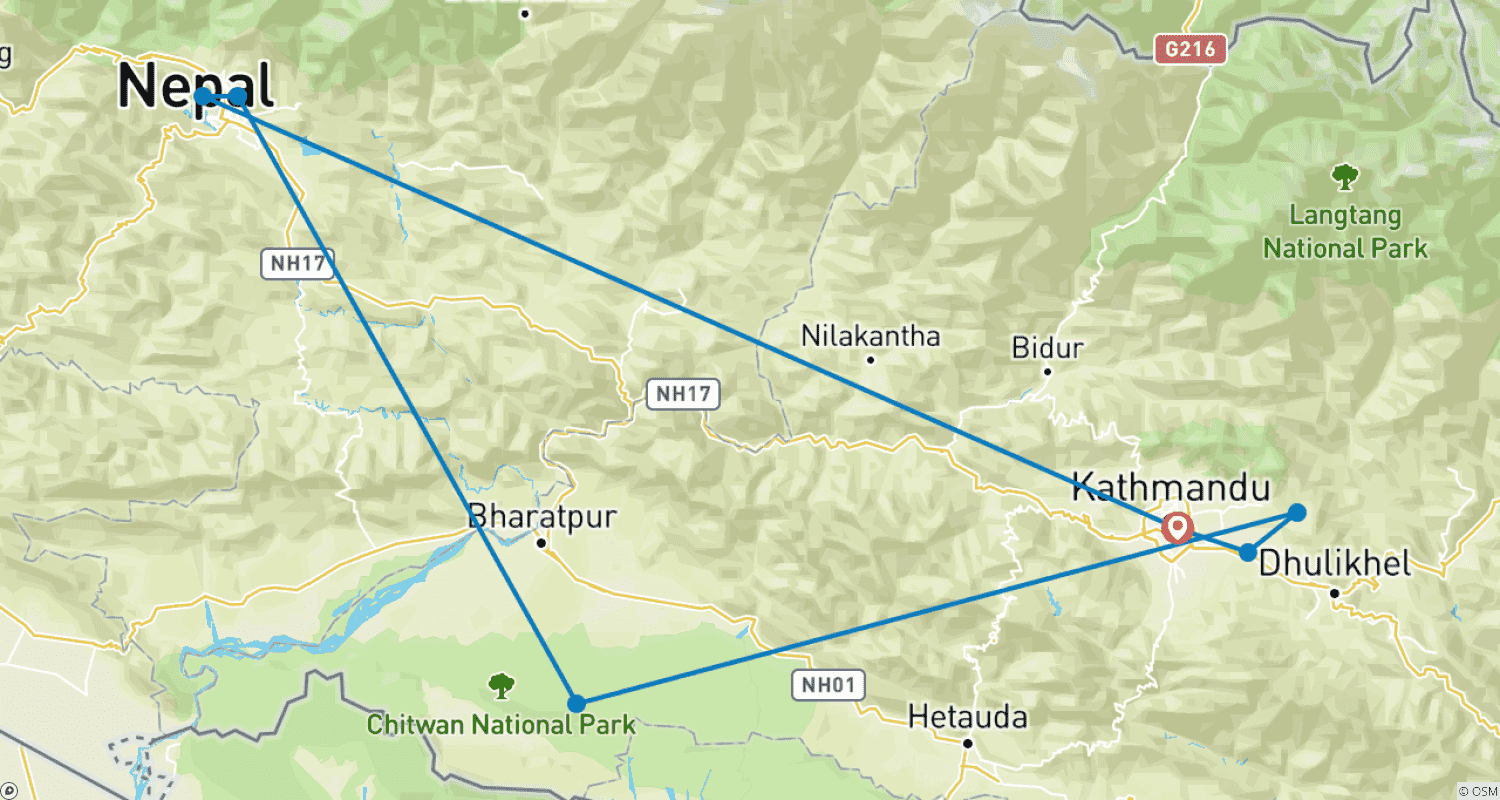 Mapa do percurso de Tour de Descoberta do Nepal 7 Noites 8 Dias