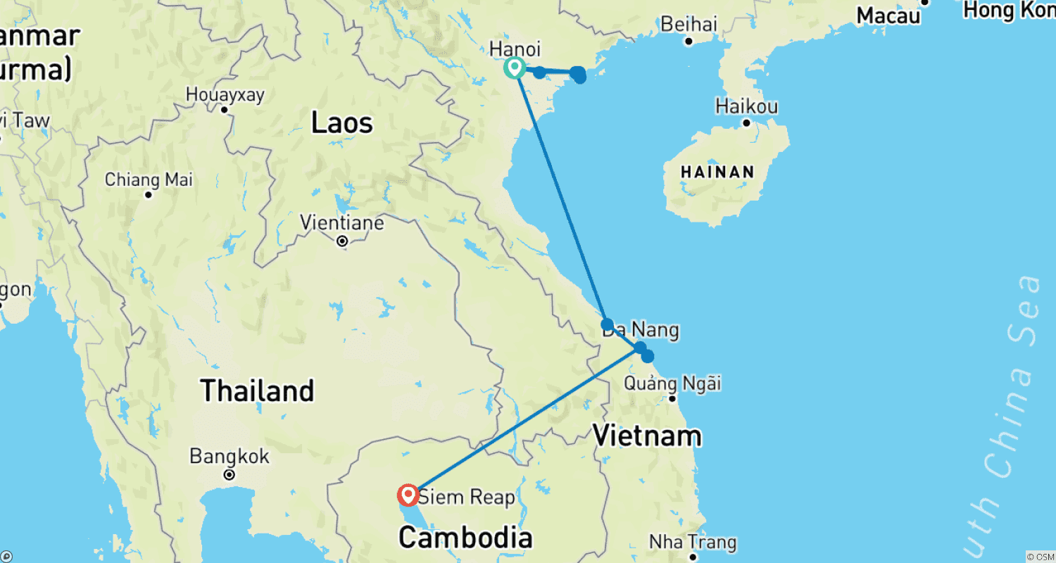 Mapa trasy: Wycieczka po Wietnamie i Kambodży do Hanoi, Zatoki Ha Long, Hue, Hoi An, Angkor Wat – Światowe Dziedzictwo