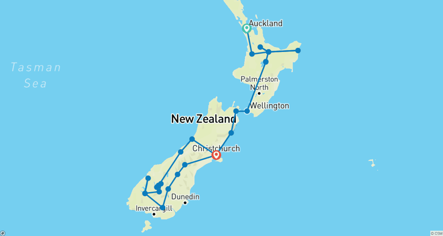 Mapa do percurso de Vista da Nova Zelândia