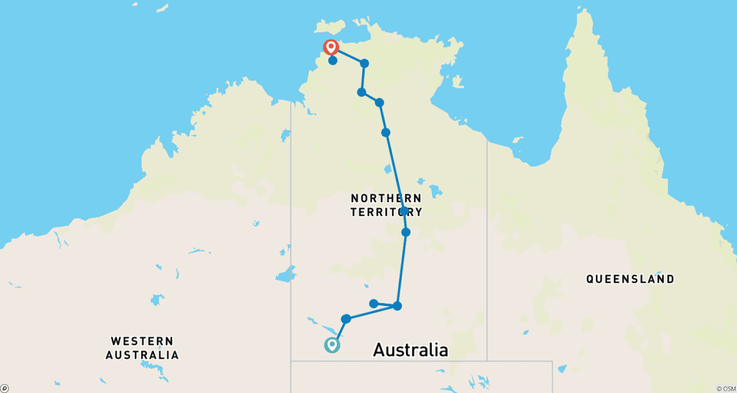 Mapa do percurso de Safári no Outback (Pequenos Grupos)