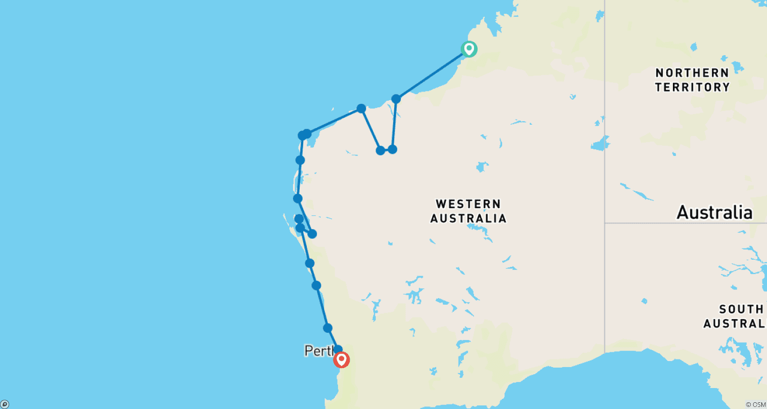 Mapa do percurso de Pilbara e Costa Oeste Selvagens