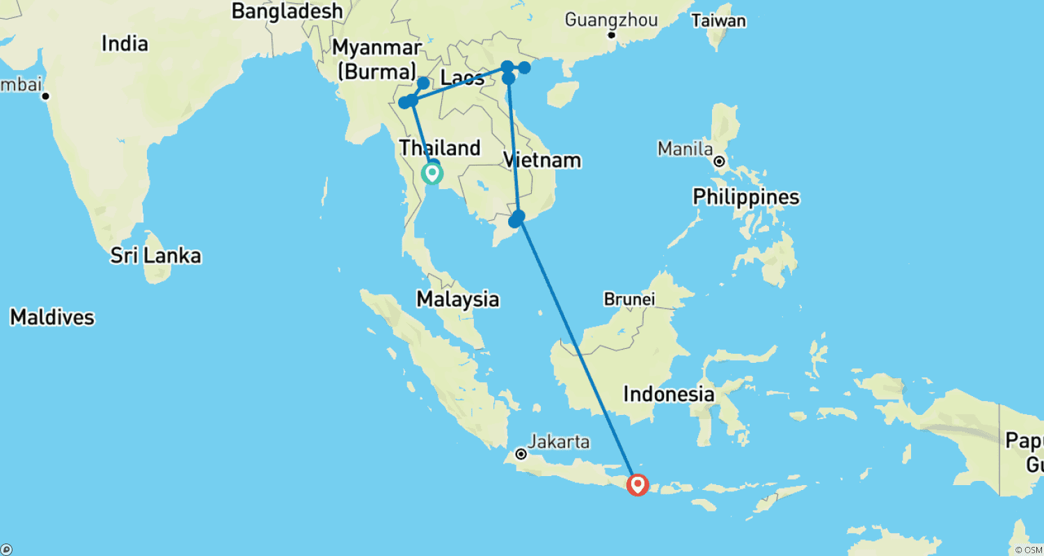 18日間で巡る壮大な東南アジアの旅（タイ、ベトナム、バリ）のルートマップ
