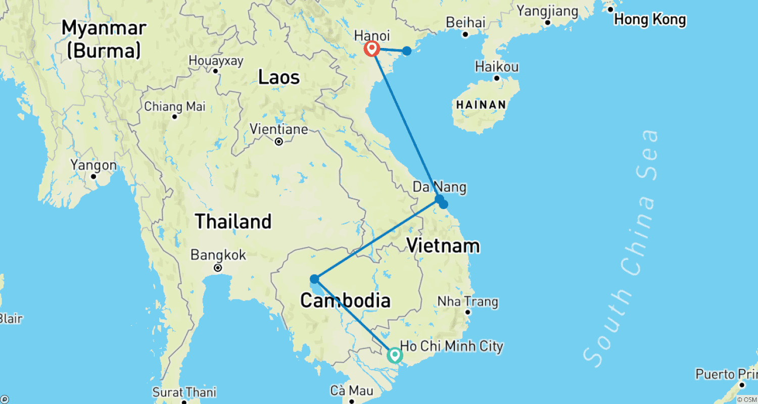 Mapa trasy: Wietnam Kambodża Wycieczka do Sajgonu, Angkor Wat, Hoi An, Hanoi i Zatoki Ha Long - 13 Dni