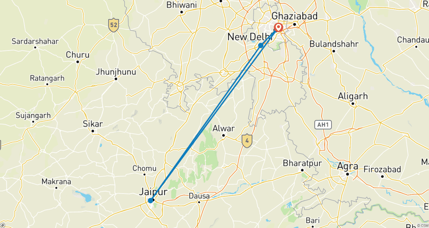 خريطة مسار استكشف مدينة Jaipur من Delhi شاملة كل شيء 12 ساعة