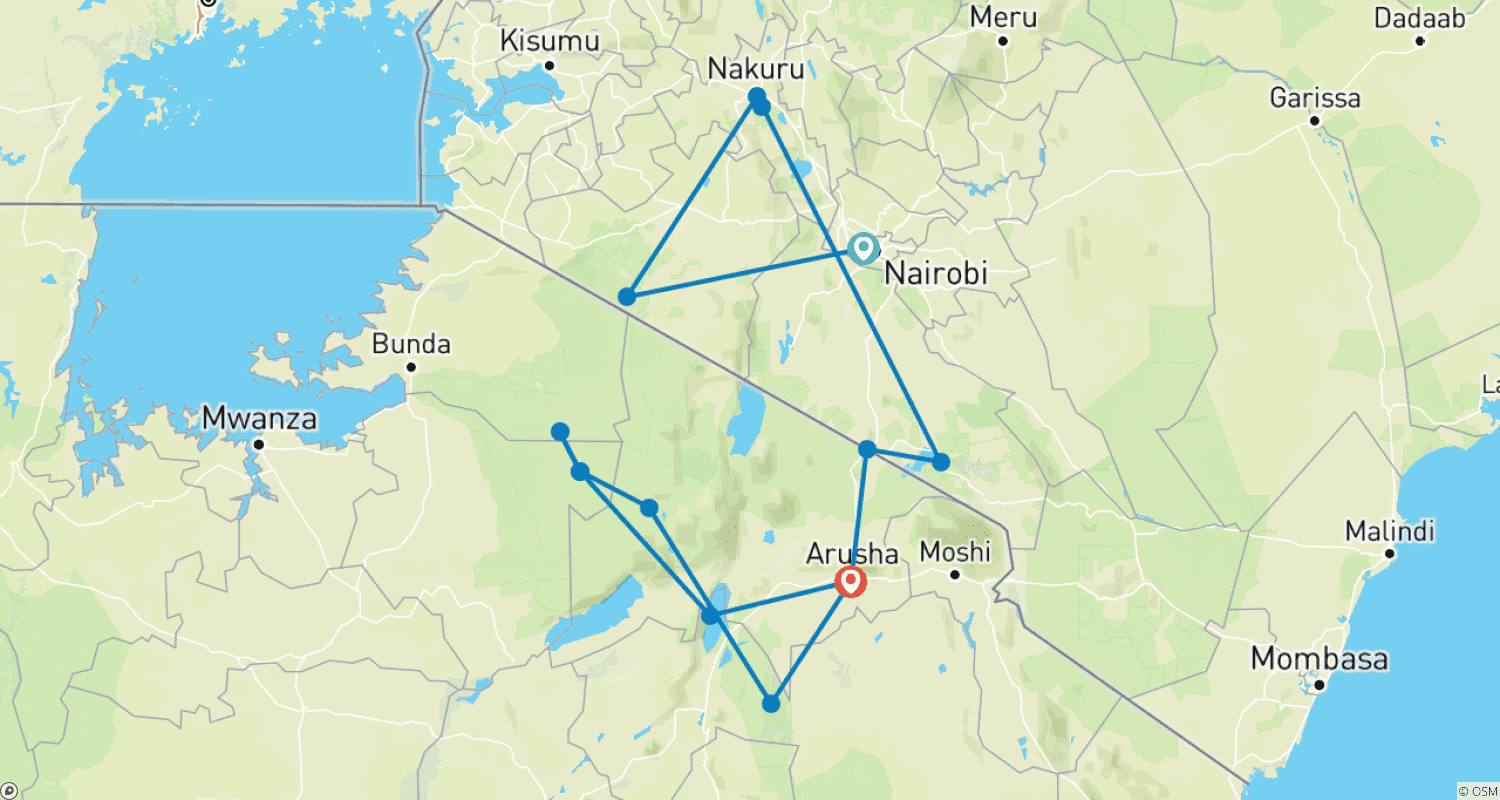 Mapa do percurso de Safári de Acampamento Econômico de 12 Dias na Tanzânia e Quênia – Serengeti, Ngorongoro e Masai Mara