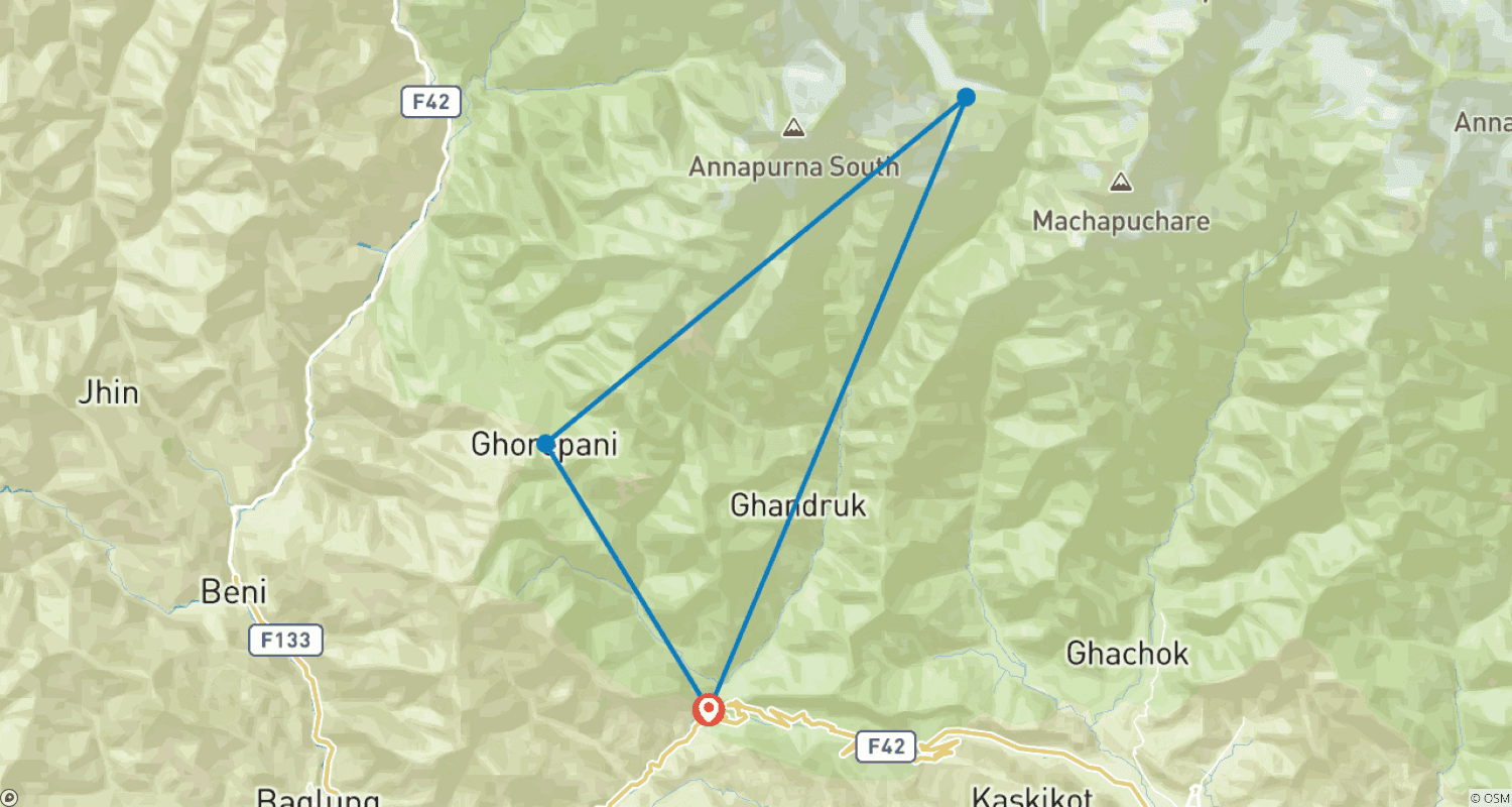 Mapa do percurso de Trekking Econômico Annapurna Poonhill Ghorepani - 8 Dias