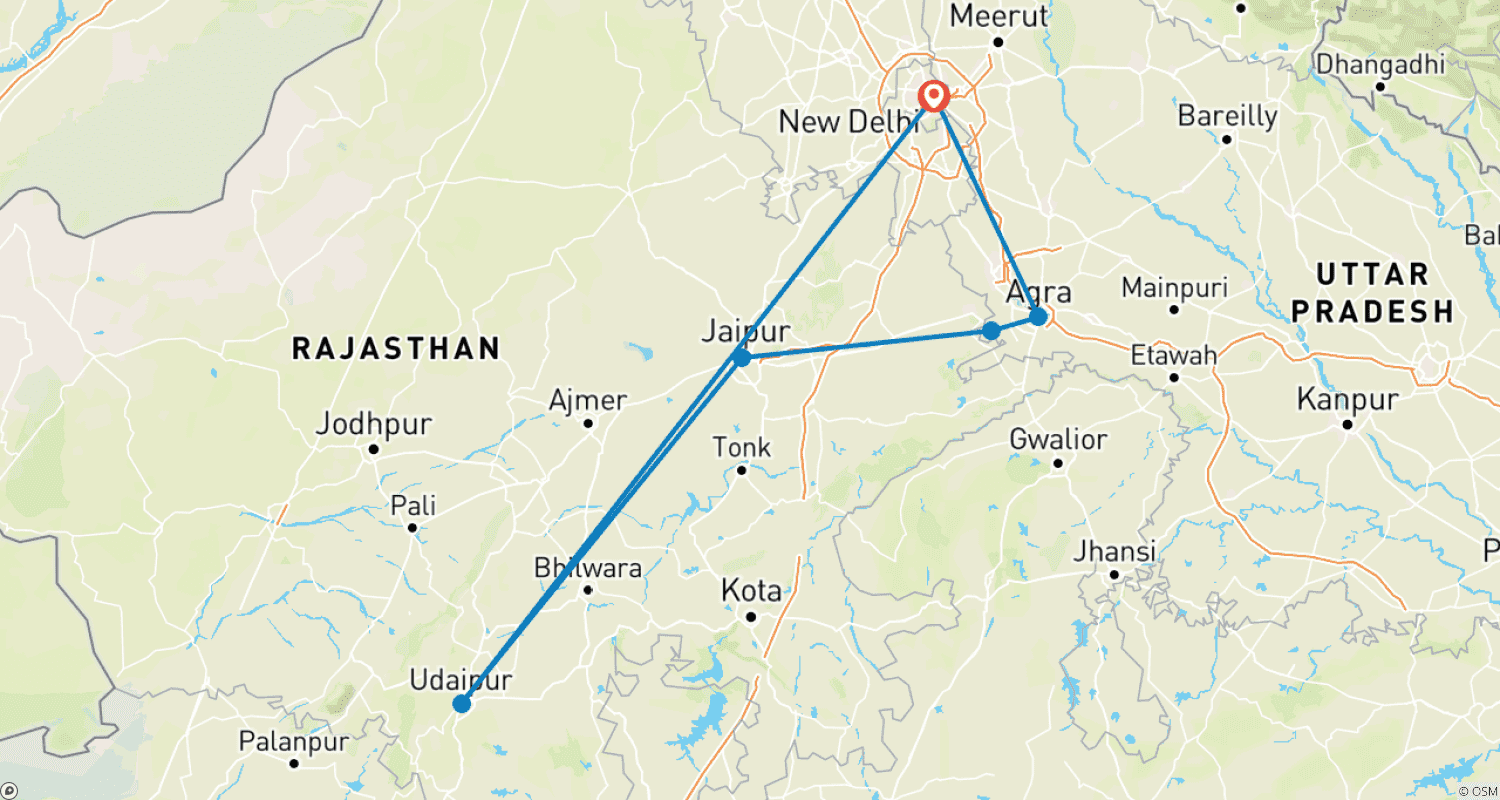 Mapa trasy: 8 dni - Kolorowa wycieczka po Złotym Trójkącie z miastem jezior Udaipur!!