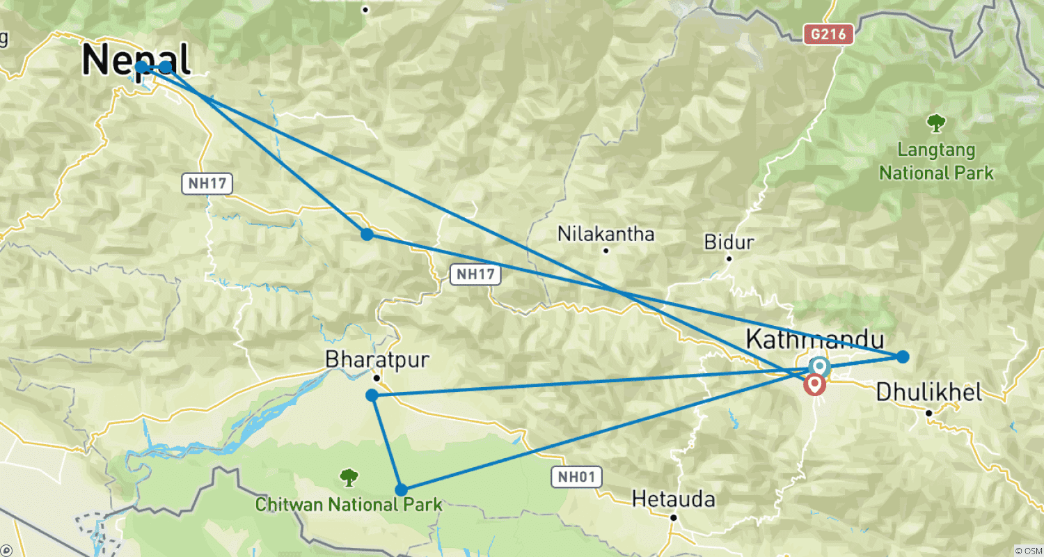Mapa do percurso de Safári na Selva no Nepal