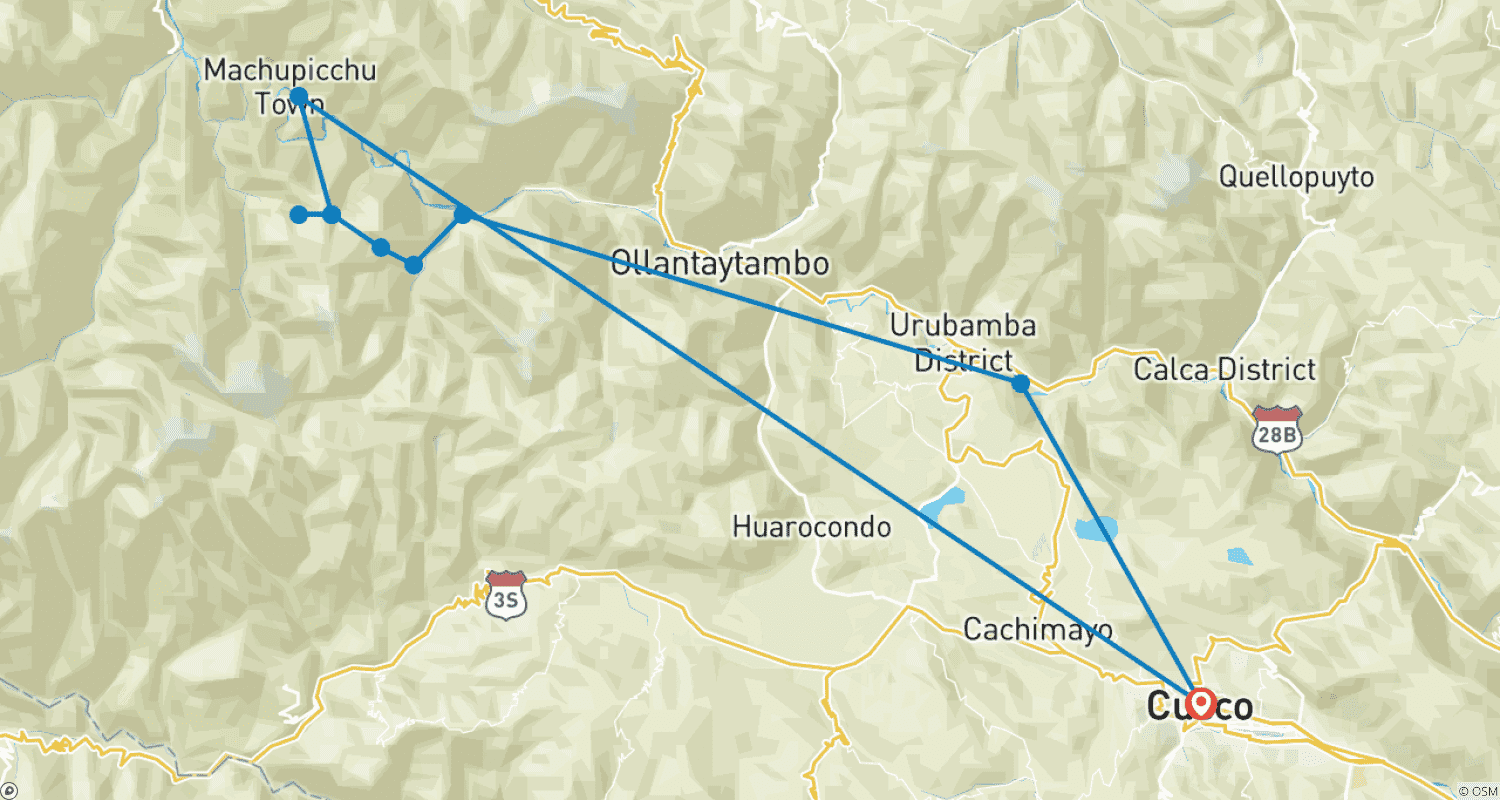 Mapa do percurso de Trilha Inca Clássica Para Machu Picchu - 4 Dias e 3 Noites