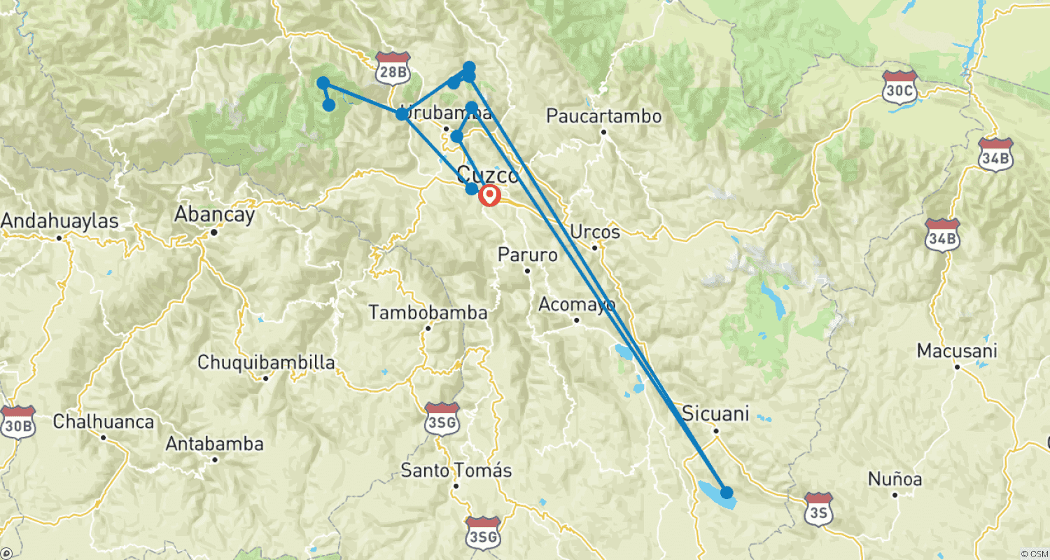 Mapa do percurso de Trilha Lares para Machu Picchu 4 Dias/3 Noites