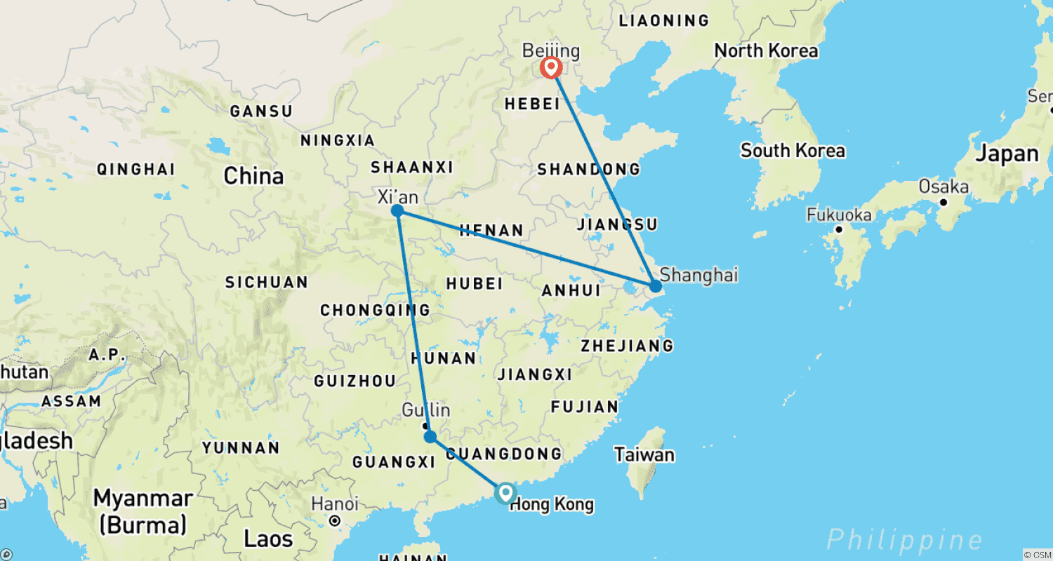 Mapa trasy: 10-dniowe wakacje w Chinach: Hongkong, Yangshuo, Szanghaj, Xi'an i Pekin