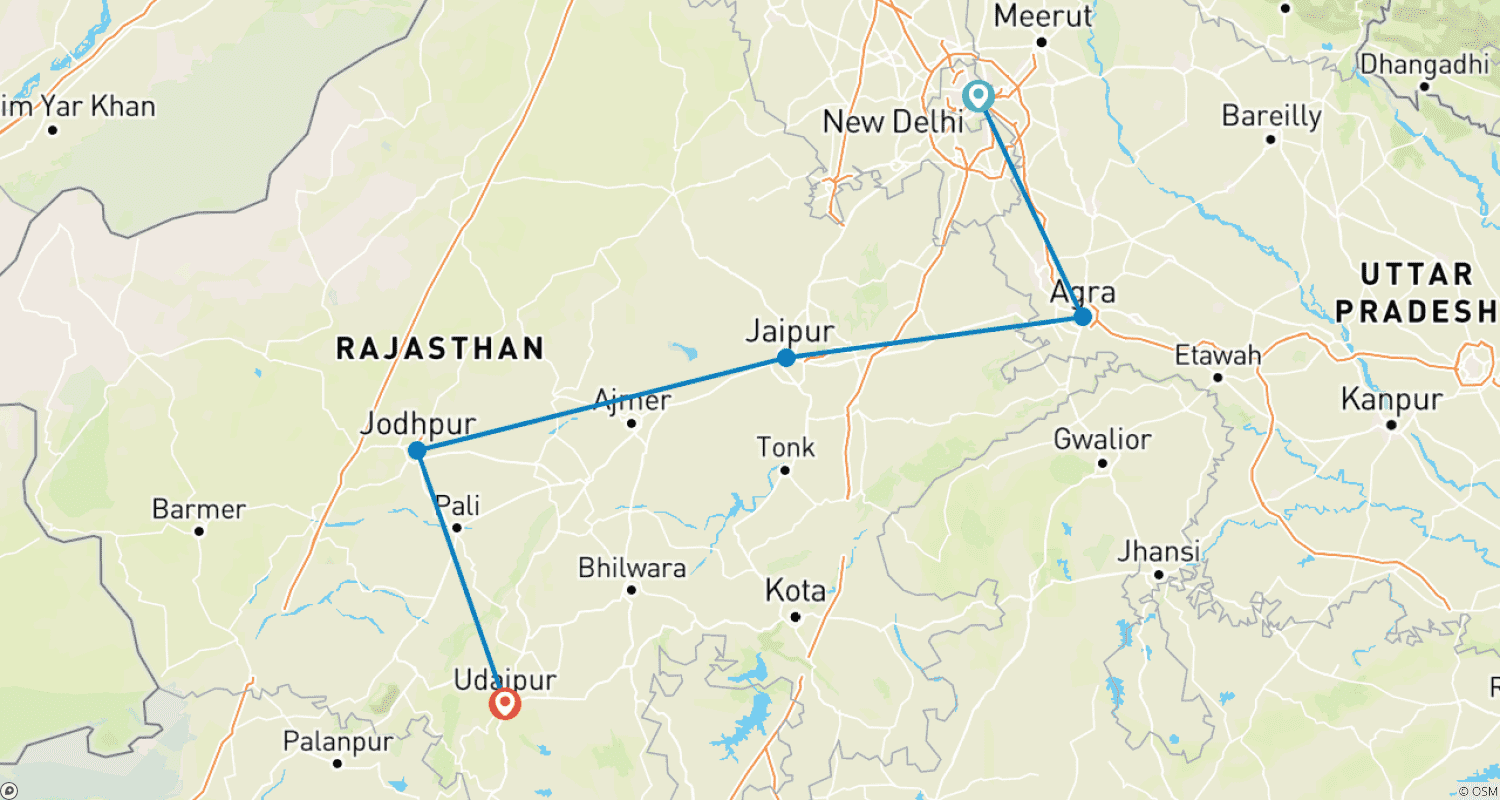 Mapa do percurso de Tour de 8 Dias pelo Rajastão Real com Taj Mahal (Taj Mahal ao Nascer/Pôr do Sol)